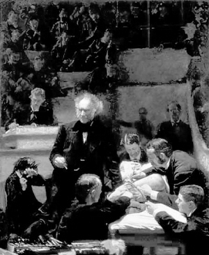 画作《大诊所》绘制于1875年，讲述了捷克大学医学院德思教授做手术的场景。